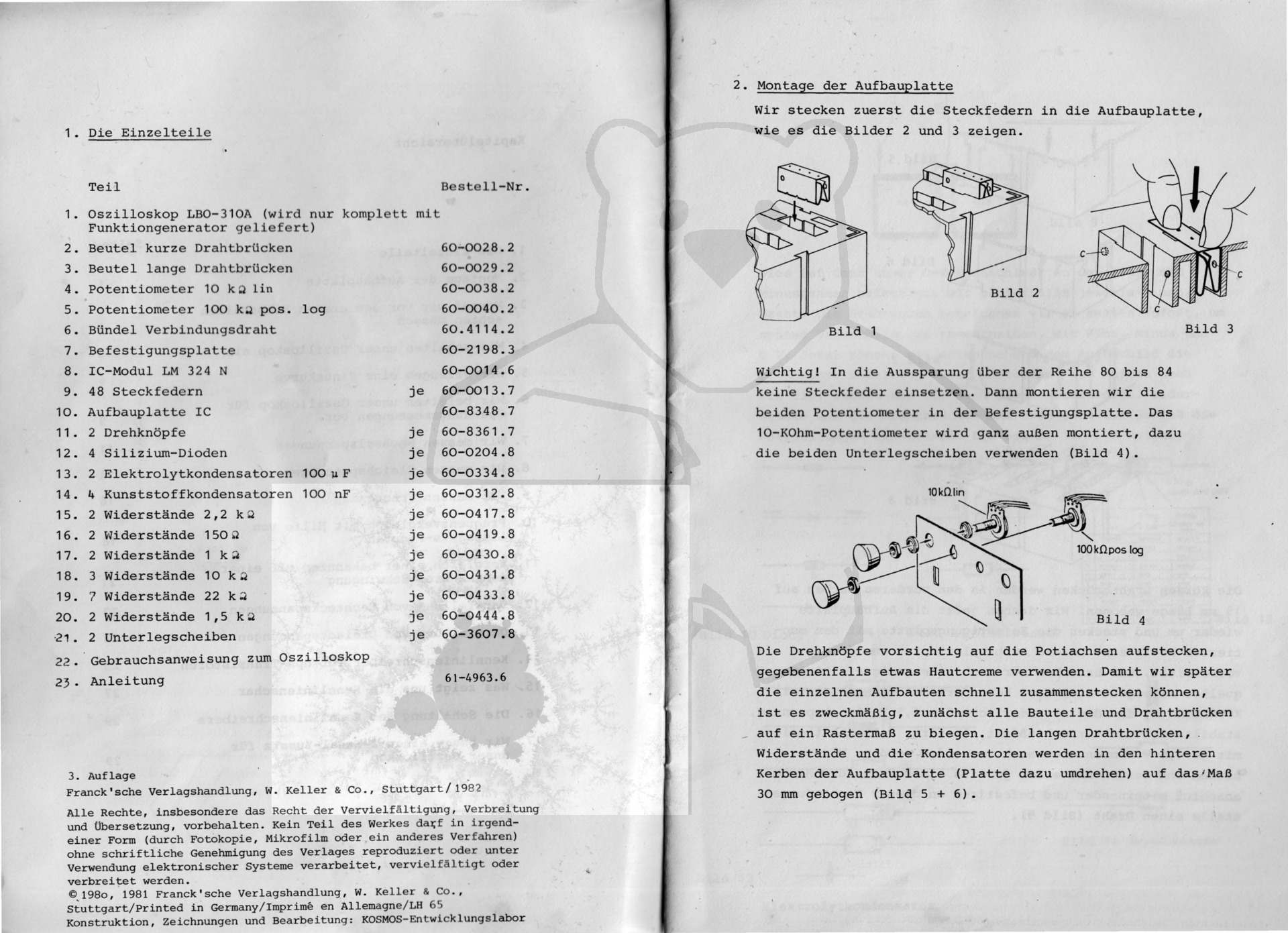 Kosmos Elektronik Oszilloskop mit Funktionsgenerator Bausatz, Experimentieranleitung Seite 2,3